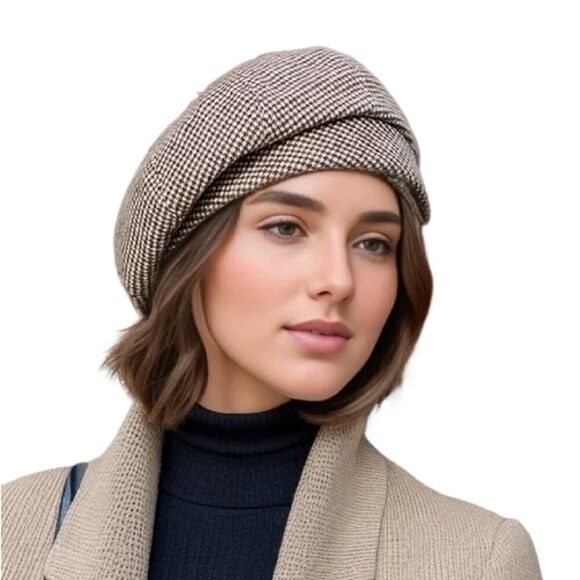 4351 Women Retro Houndstooth Beret Hat Newsboy Caps Fashion Winter Knitted